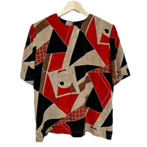 ABSTRACT Vintage Blouse Short Sleeves Black Red Tan Size Large Retro Print